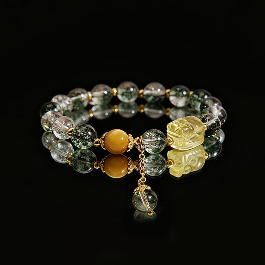 Green Phantom Crystal Bracelet with Gold Pixiu – Attract Wealth & Protection