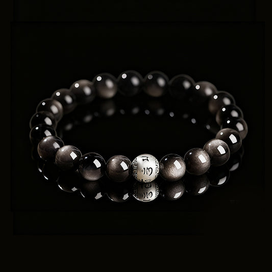 Natural Black Obsidian Bracelet – Six-Word Mantra for Protection & Love