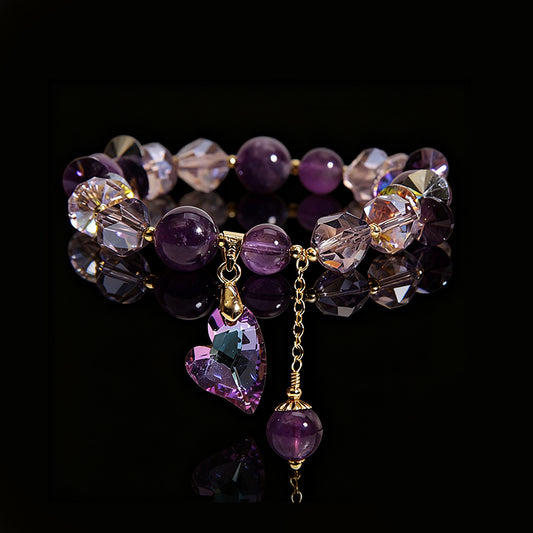 Natural Amethyst Bracelet with Heart & Clover Accents – Luxury Women’s Jewelry