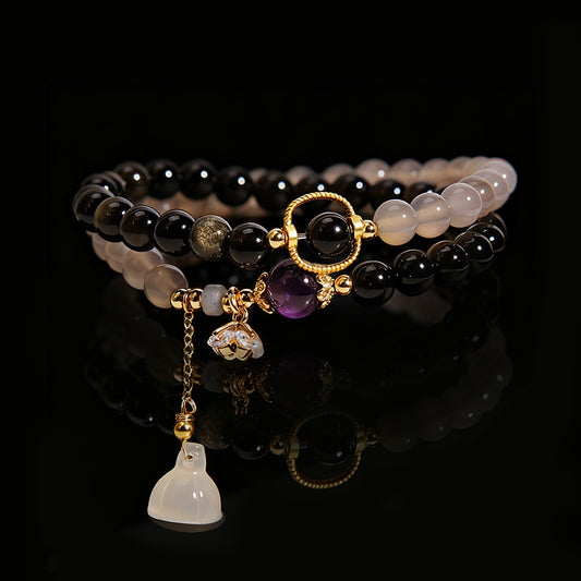 Double-Wrap Grey Agate & Gold Obsidian Bracelet – Lotus Charm Accent