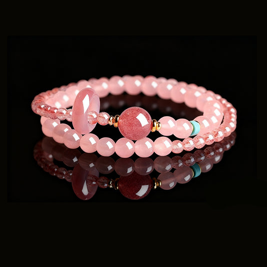 Natural Strawberry Quartz Fortune Bead Bracelet – Twin-Strand Design