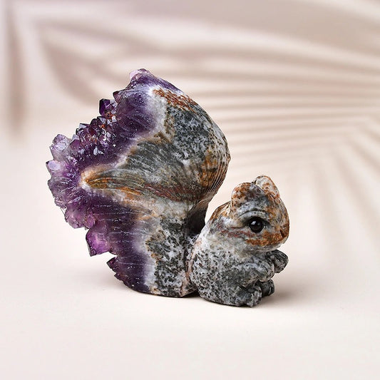 Uruguay Crystal Ornament Natural Amethyst Cluster Little Squirrel Ornament Chrysanthemum Crystal Raw Stone Carving Home Living Room