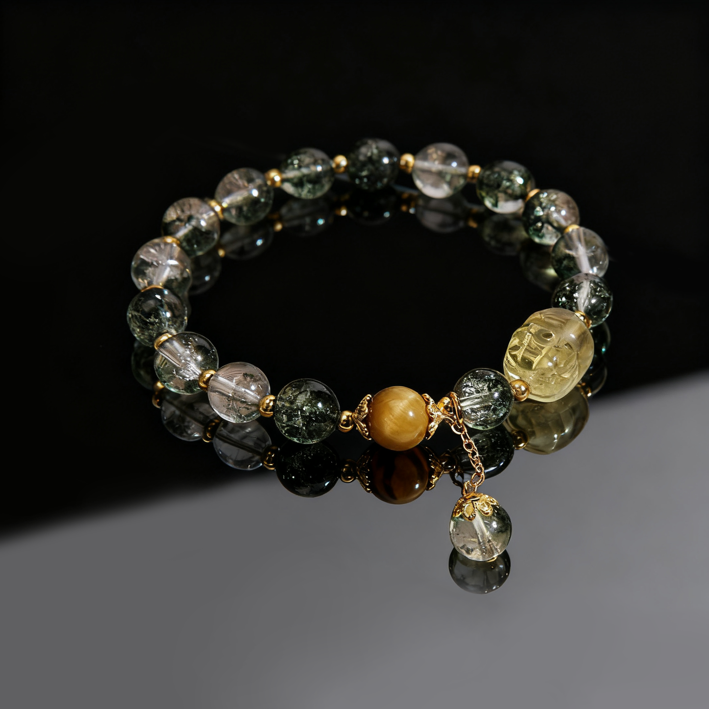 Green Phantom Crystal Bracelet with Gold Pixiu – Attract Wealth & Protection