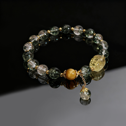 Green Phantom Crystal Bracelet with Gold Pixiu – Attract Wealth & Protection