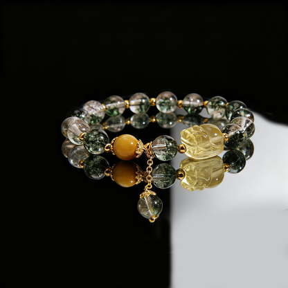 Green Phantom Crystal Bracelet with Gold Pixiu – Attract Wealth & Protection