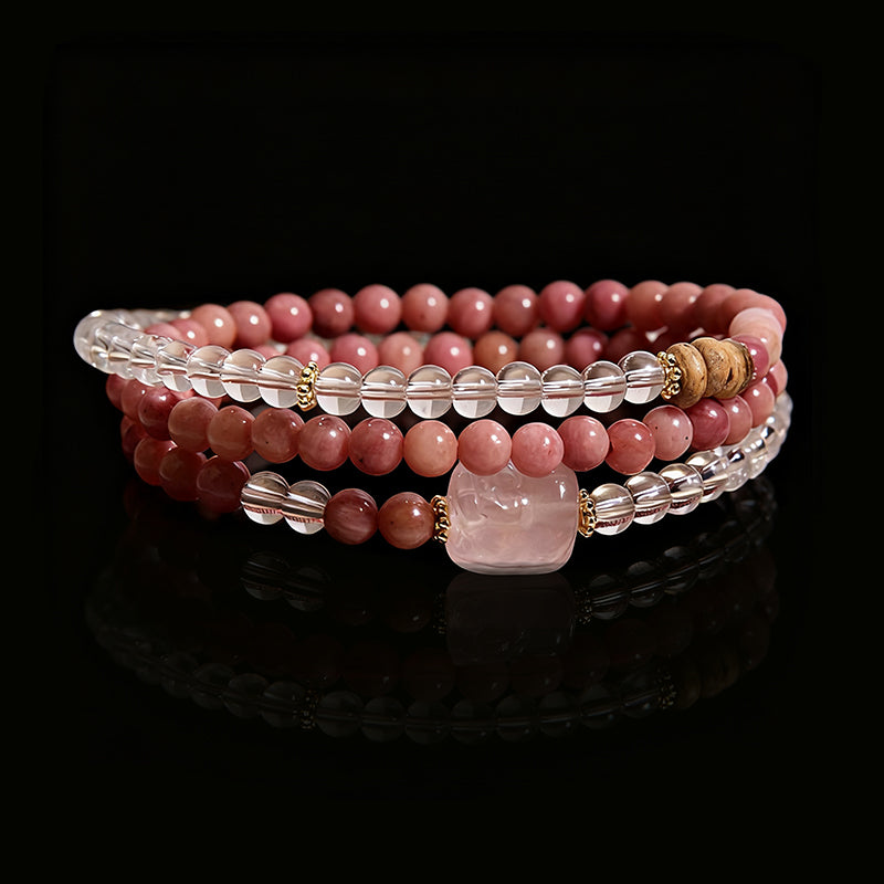 Elegant Multi-Strand Crystal Bracelet – Rhodochrosite, Clear Quartz & Rose Quartz Pixiu