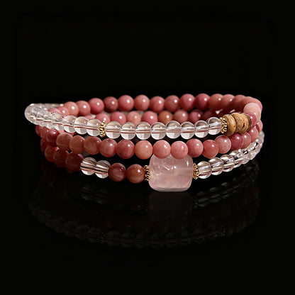 Elegant Multi-Strand Crystal Bracelet – Rhodochrosite, Clear Quartz & Rose Quartz Pixiu