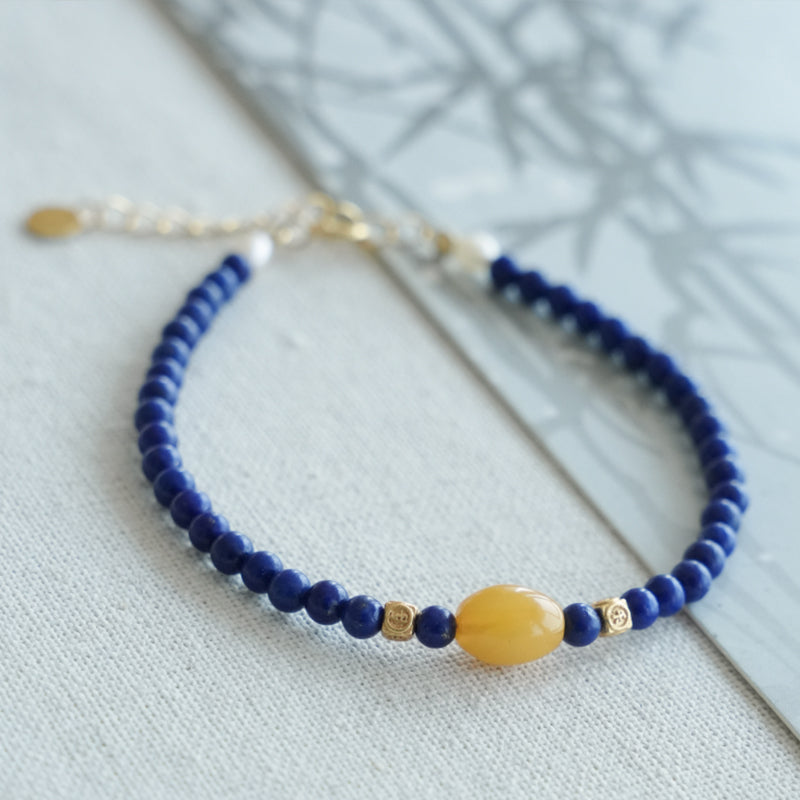 Original Chinese-Style Amber and Lapis Bracelet – Serenity & Wisdom