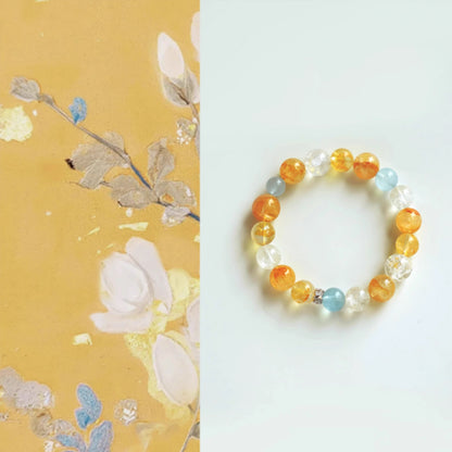Natural Yellow Resin Flower, Aquamarine & White Crystal Bracelet – Emotional Balance & Prosperity