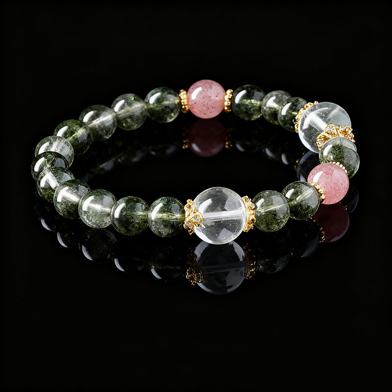 Handcrafted Green Phantom Bracelet with Strawberry Quartz – Positive Energy & Fortune
