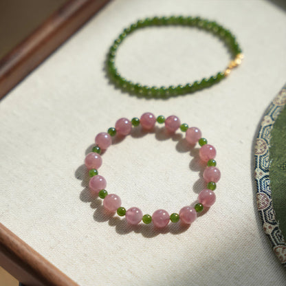 Natural Malaysian Pink Quartz & Hetian Jade Bracelet – Emotional Balance & Prosperity