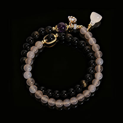 Double-Wrap Grey Agate & Gold Obsidian Bracelet – Lotus Charm Accent