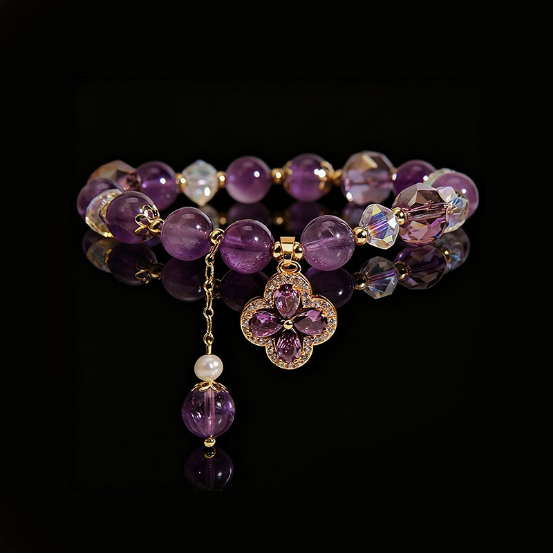 Natural Amethyst Bracelet with Heart & Clover Accents – Luxury Women’s Jewelry