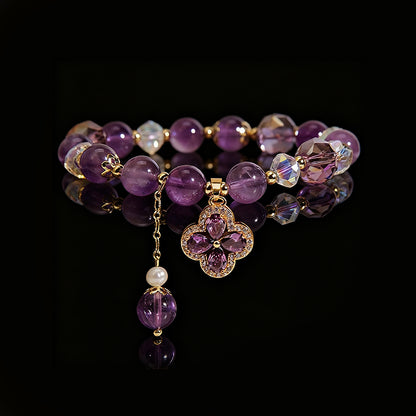 Natural Amethyst Bracelet with Heart & Clover Accents – Luxury Women’s Jewelry