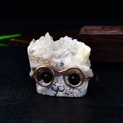 Natural White Crystal Cluster Small Hedgehog Ornament Raw Stone Carving Glasses Hedgehog Home Living Room Office Desk Decoration