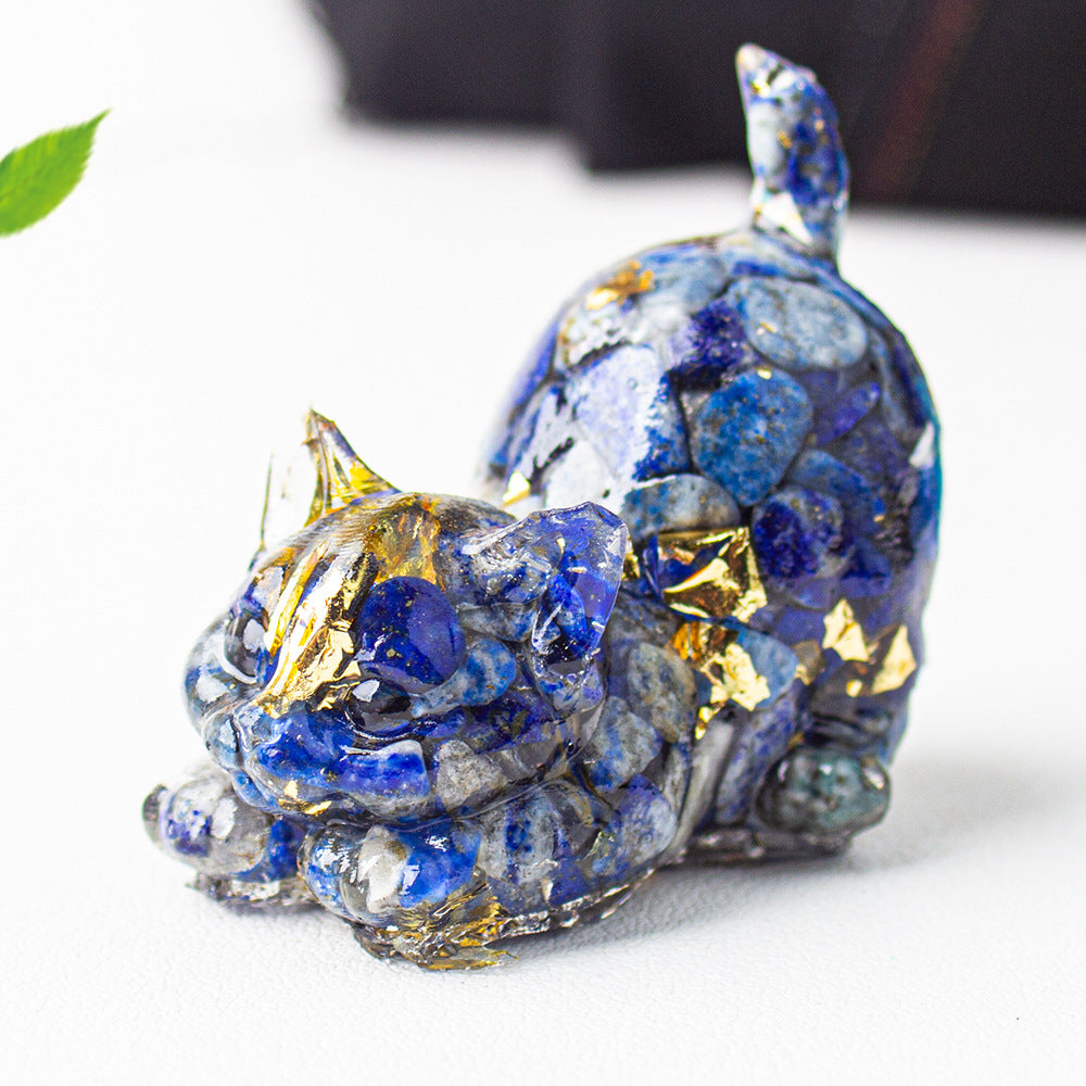 Natural Crystal Crushed Stone Epoxy Resin Tail Cat Kitten Office Home Living Room Desktop Decoration Ornament