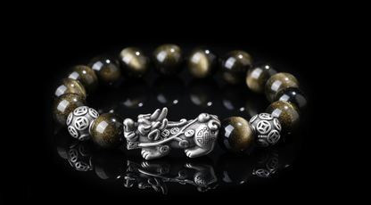 Handcrafted Obsidian Bracelet with Silver/Gold Accents – Protection & Fortune
