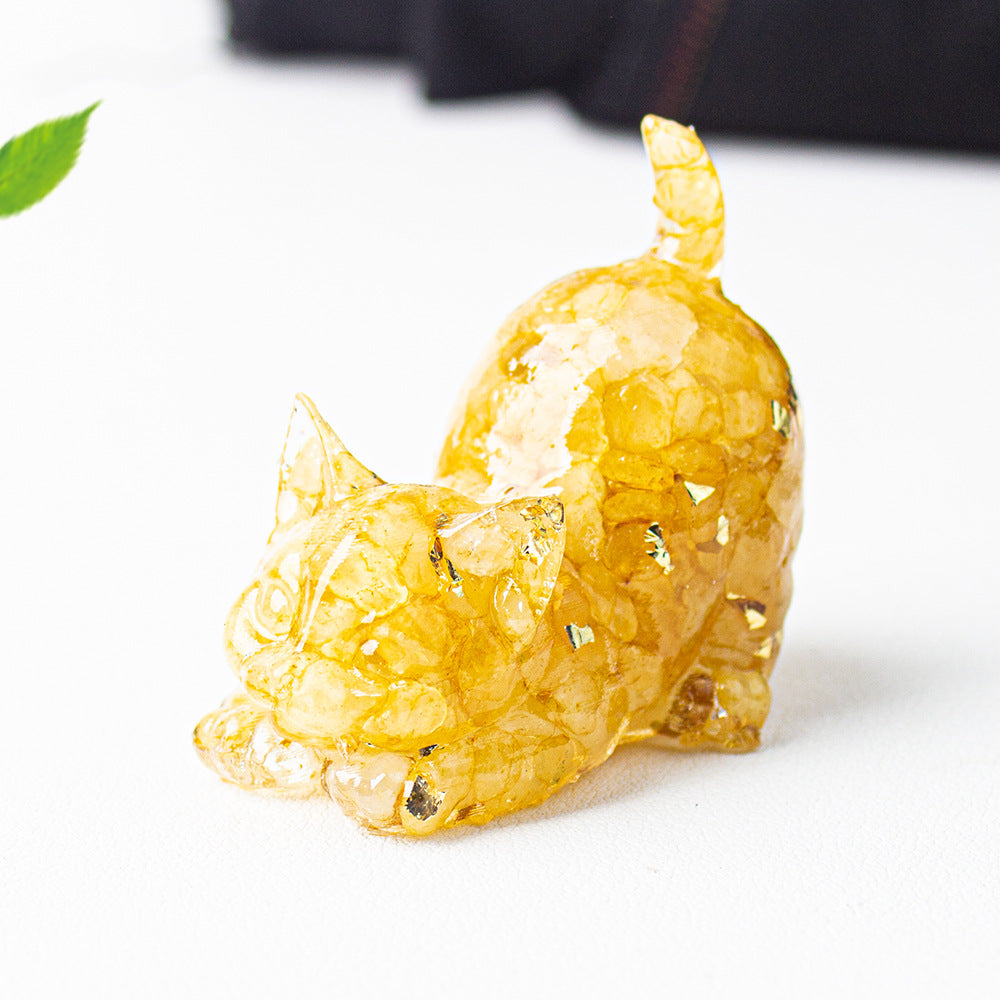 Natural Crystal Crushed Stone Epoxy Resin Tail Cat Kitten Office Home Living Room Desktop Decoration Ornament