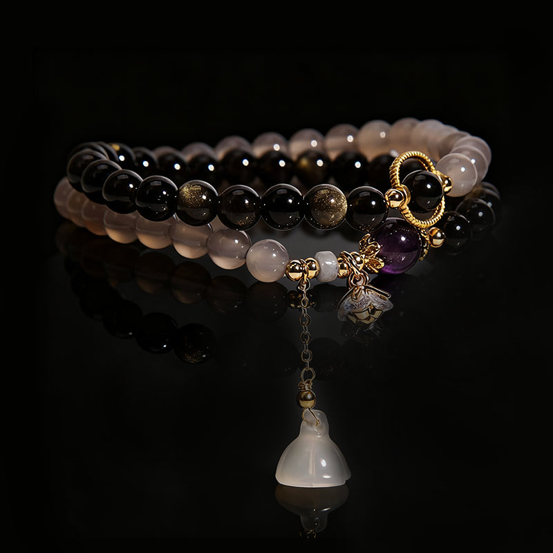 Double-Wrap Grey Agate & Gold Obsidian Bracelet – Lotus Charm Accent