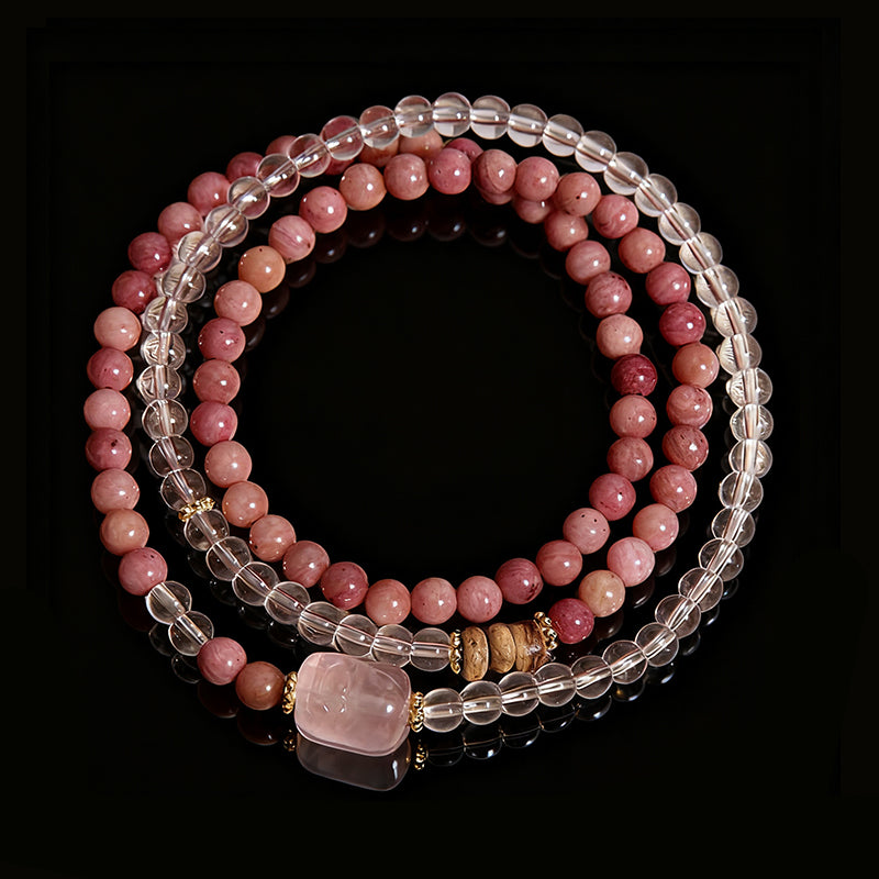 Elegant Multi-Strand Crystal Bracelet – Rhodochrosite, Clear Quartz & Rose Quartz Pixiu