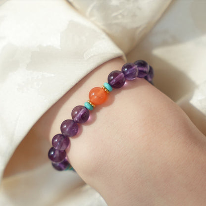 Natural Amethyst, Turquoise & Red Agate Bracelet – Harmony & Light