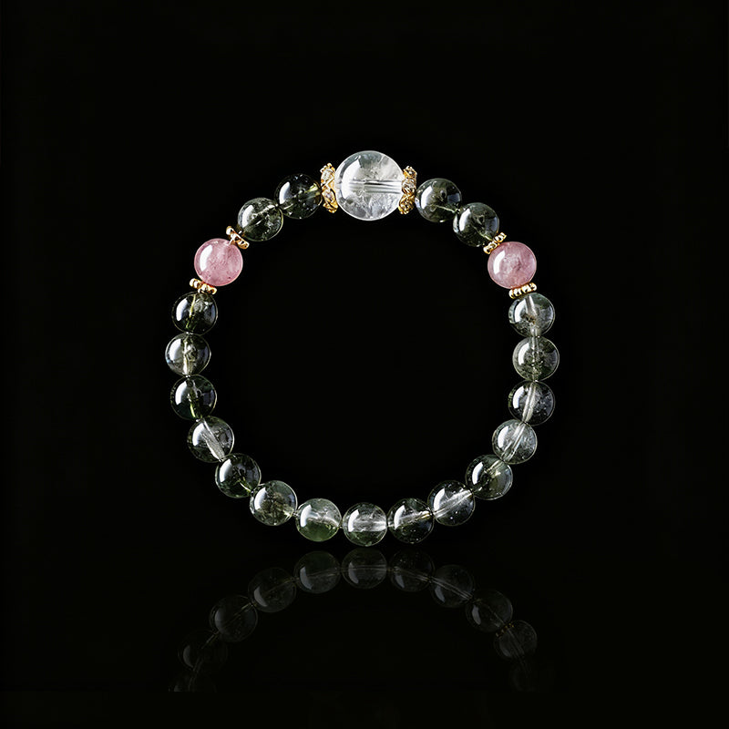 Handcrafted Green Phantom Bracelet with Strawberry Quartz – Positive Energy & Fortune