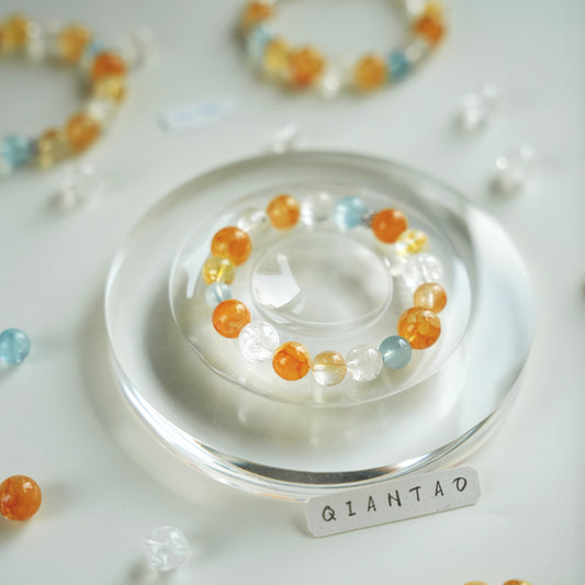 Natural Yellow Resin Flower, Aquamarine & White Crystal Bracelet – Emotional Balance & Prosperity