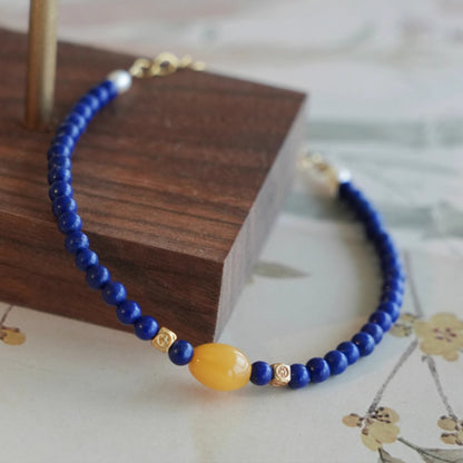 Original Chinese-Style Amber and Lapis Bracelet – Serenity & Wisdom