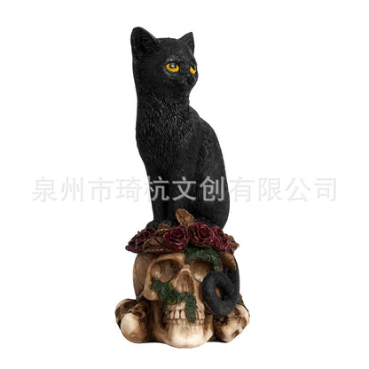 New Mysterious Dark Style Skull Animal Cat and Crow Statue Resin Craft Home Decoration