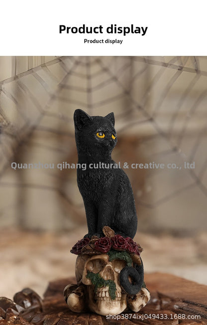 New Mysterious Dark Style Skull Animal Cat and Crow Statue Resin Craft Home Decoration