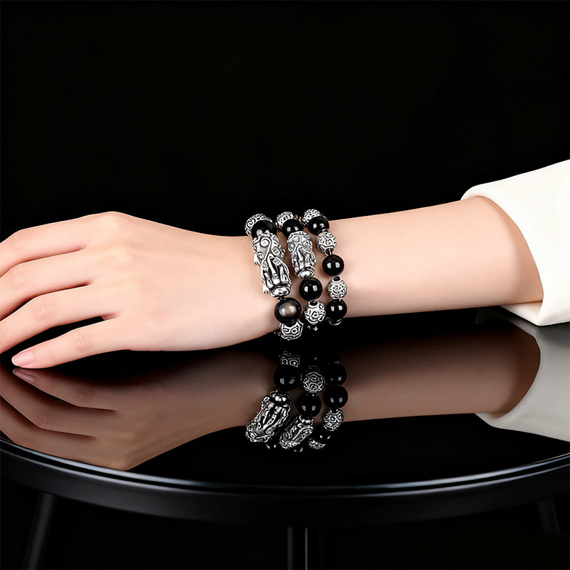 Handcrafted Obsidian Bracelet with Silver/Gold Accents – Protection & Fortune