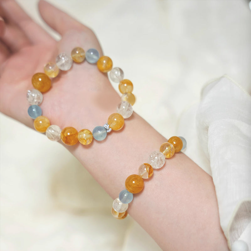 Natural Yellow Resin Flower, Aquamarine & White Crystal Bracelet – Emotional Balance & Prosperity