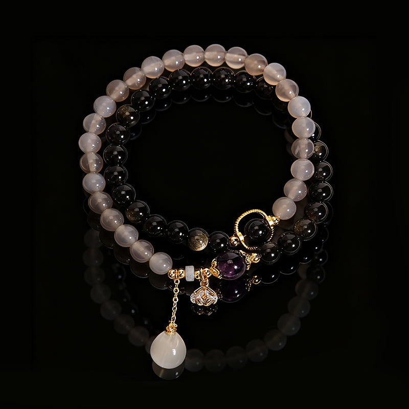 Double-Wrap Grey Agate & Gold Obsidian Bracelet – Lotus Charm Accent