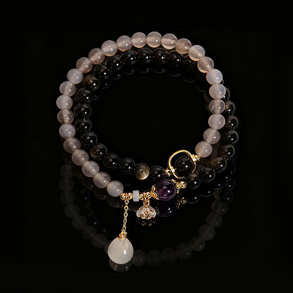 Double-Wrap Grey Agate & Gold Obsidian Bracelet – Lotus Charm Accent