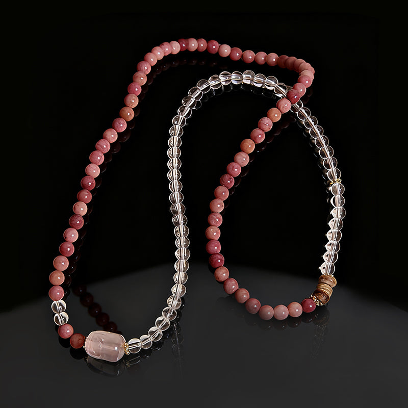 Elegant Multi-Strand Crystal Bracelet – Rhodochrosite, Clear Quartz & Rose Quartz Pixiu