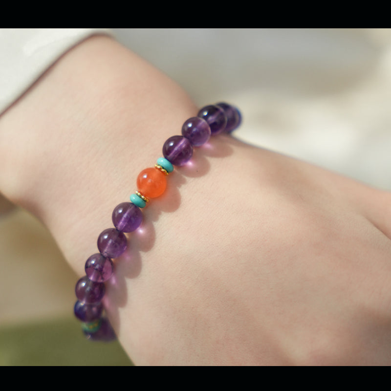 Natural Amethyst, Turquoise & Red Agate Bracelet – Harmony & Light
