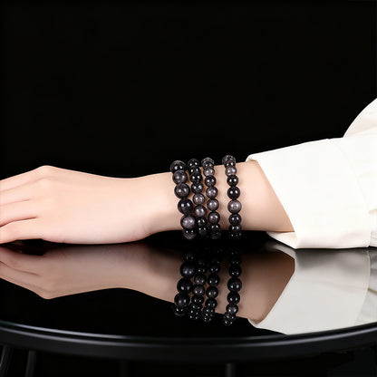 Handcrafted Obsidian Bracelet with Silver/Gold Accents – Protection & Fortune