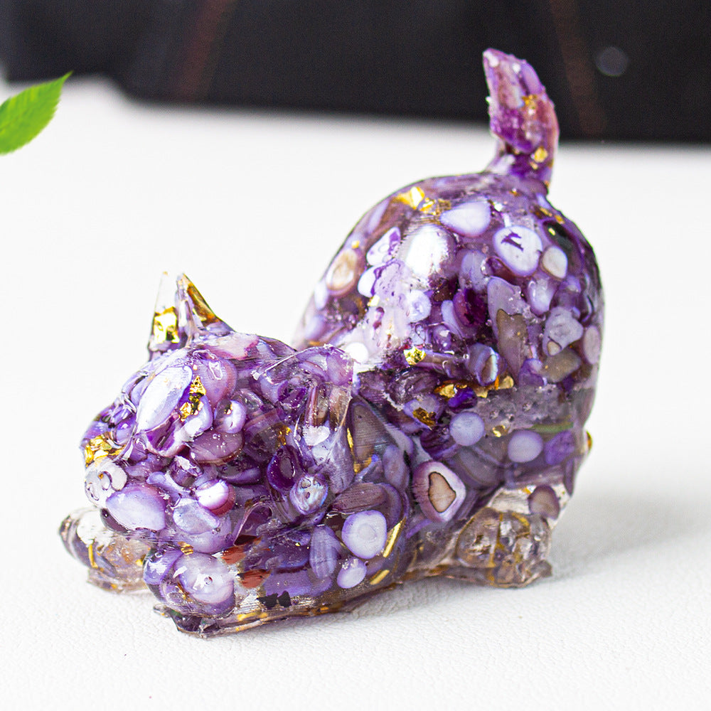 Natural Crystal Crushed Stone Epoxy Resin Tail Cat Kitten Office Home Living Room Desktop Decoration Ornament