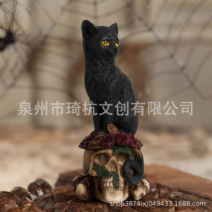 New Mysterious Dark Style Skull Animal Cat and Crow Statue Resin Craft Home Decoration