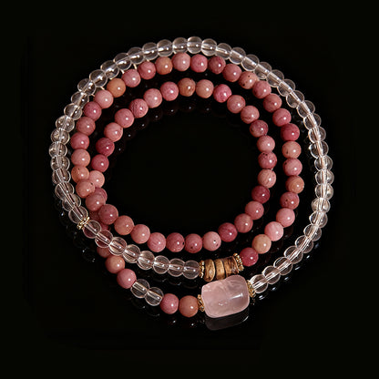 Elegant Multi-Strand Crystal Bracelet – Rhodochrosite, Clear Quartz & Rose Quartz Pixiu
