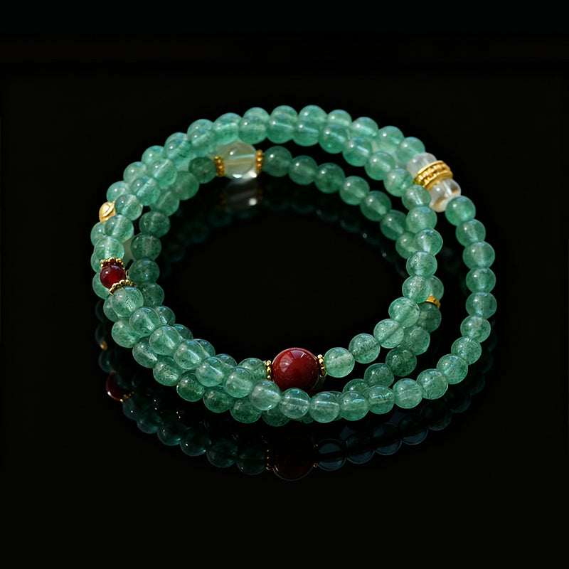 Original Chinese-Style Gemstone Jewelry – Strawberry Quartz & Green Crystal Harmony