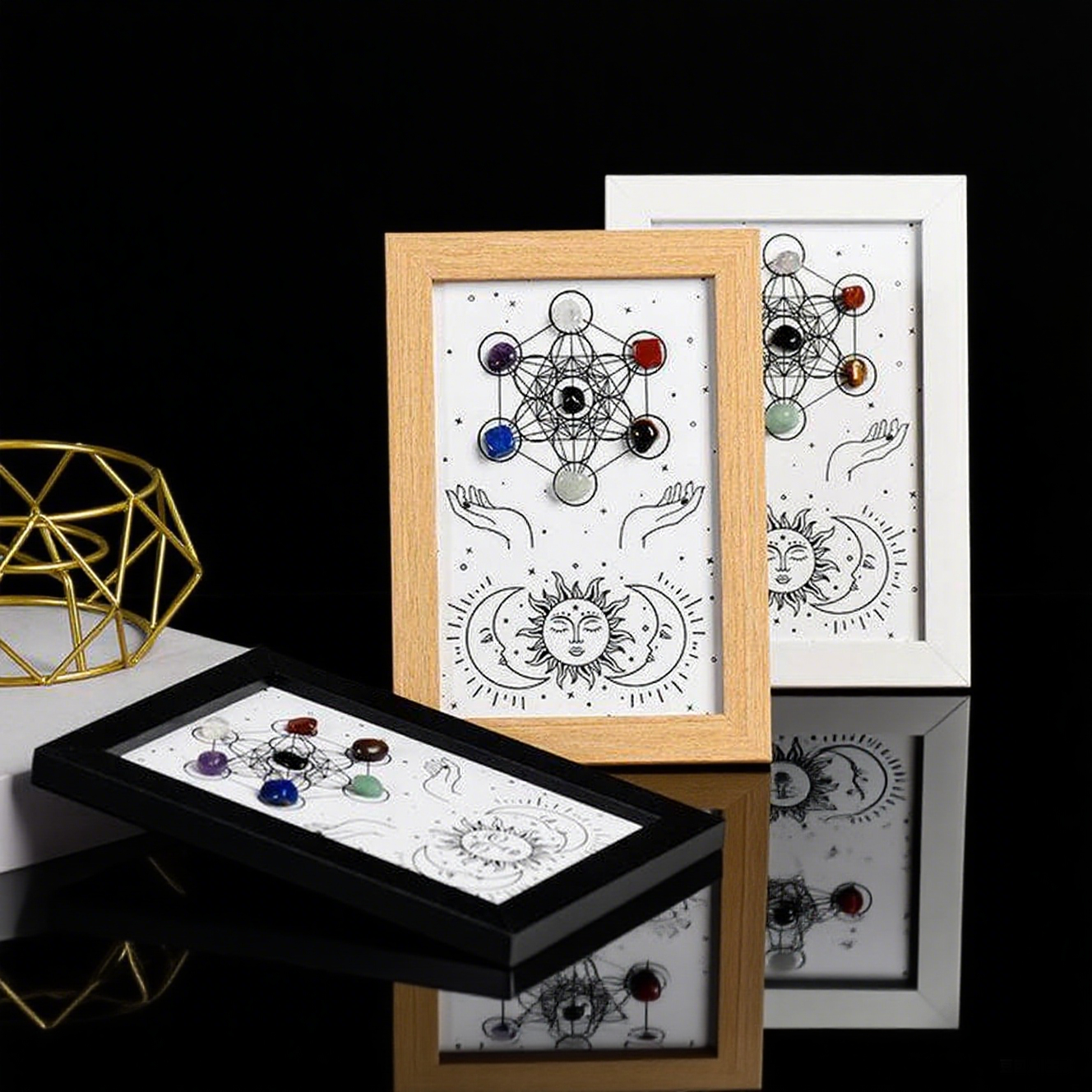 Metatron Hexagon Raw Crystal Frame/Sun & Moon Bee Frame
