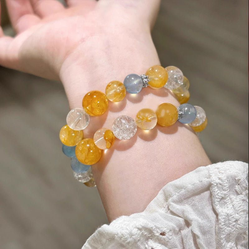 Natural Yellow Resin Flower, Aquamarine & White Crystal Bracelet – Emotional Balance & Prosperity