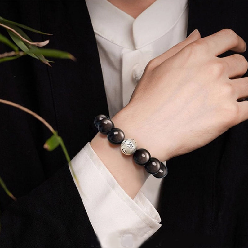 Natural Black Obsidian Bracelet – Six-Word Mantra for Protection & Love