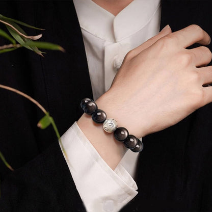 Natural Black Obsidian Bracelet – Six-Word Mantra for Protection & Love