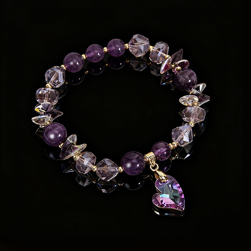 Natural Amethyst Bracelet with Heart & Clover Accents – Luxury Women’s Jewelry