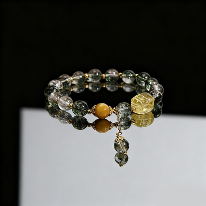 Green Phantom Crystal Bracelet with Gold Pixiu – Attract Wealth & Protection