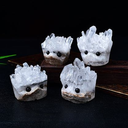 Natural White Crystal Cluster Small Hedgehog Ornament Raw Stone Carving Glasses Hedgehog Home Living Room Office Desk Decoration