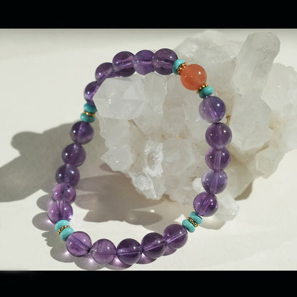 Natural Amethyst, Turquoise & Red Agate Bracelet – Harmony & Light