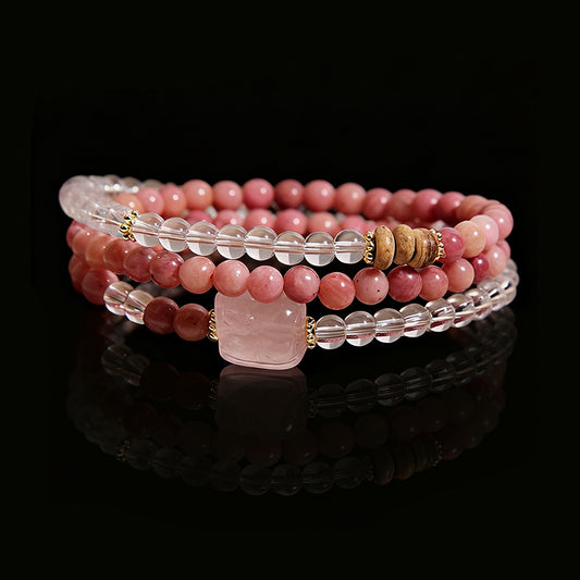 Elegant Multi-Strand Crystal Bracelet – Rhodochrosite, Clear Quartz & Rose Quartz Pixiu
